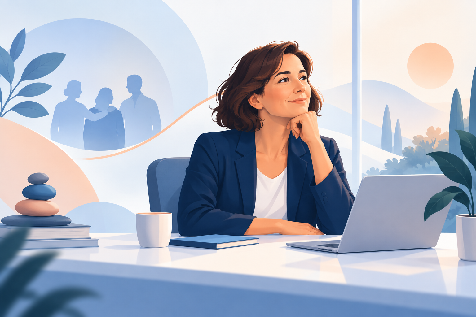 Dirigeante prenant un temps de recul dans un environnement de travail apaisant