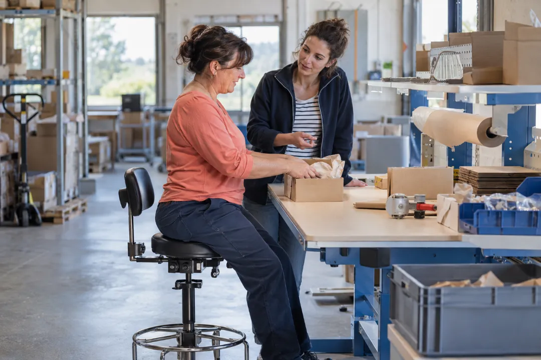 Illustration : dans un atelier, une préventrice observe une salariée à son poste de travail assis pour analyser ses conditions de travail