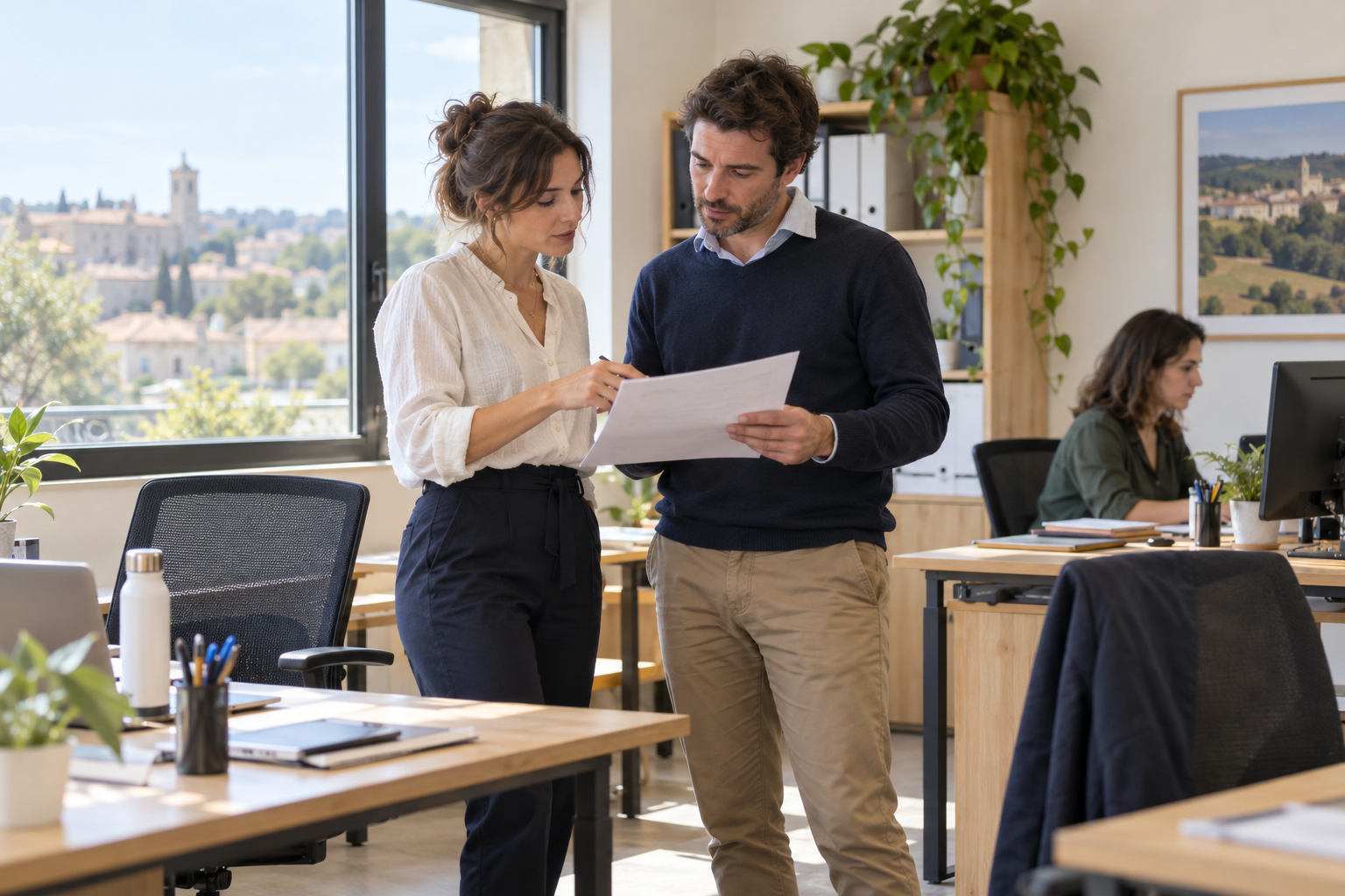 Deux collègues debout échangent dans un bureau, tandis qu’une autre personne travaille assise.