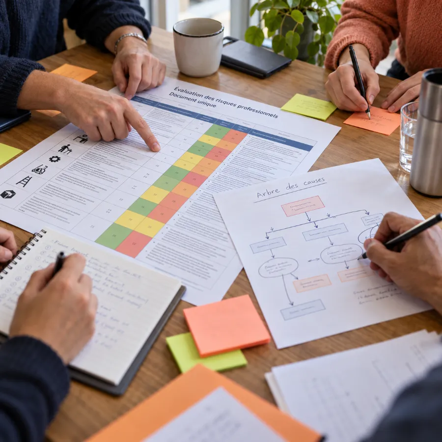 Illustration : des participants travaillent sur un document unique et des post-it