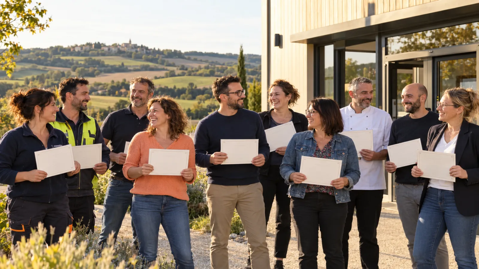 Illustration : un groupe de relais souriants avec leur attestation, devant les collines du Gers