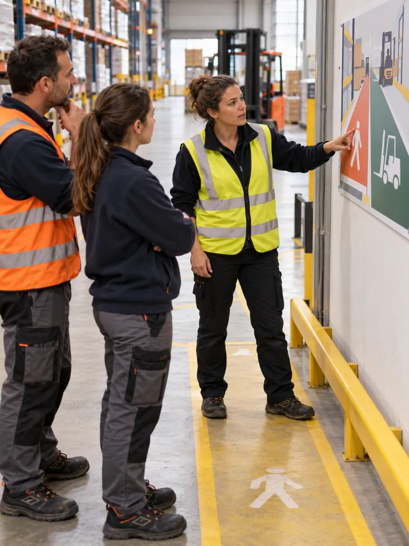 Illustration : un référent HSE en gilet présente une affiche de sécurité dans un entrepôt