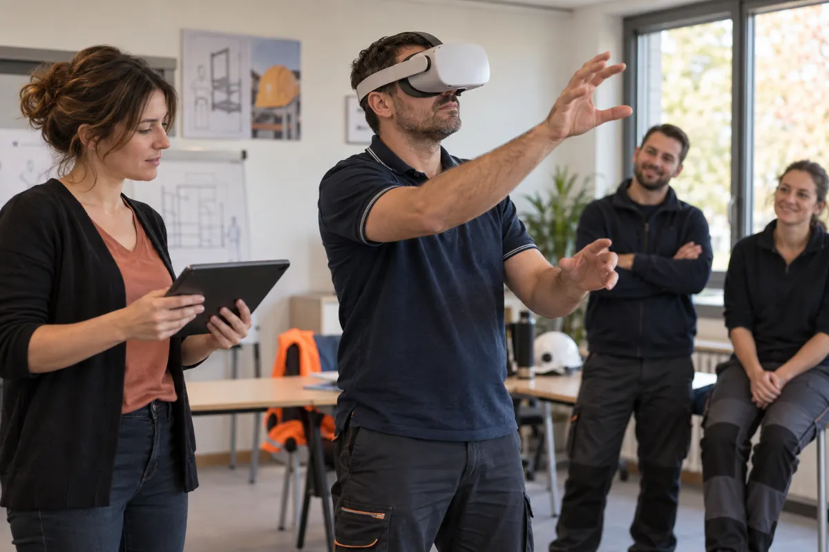 Illustration : un participant s’exerce avec un casque de réalité virtuelle, observé par une formatrice