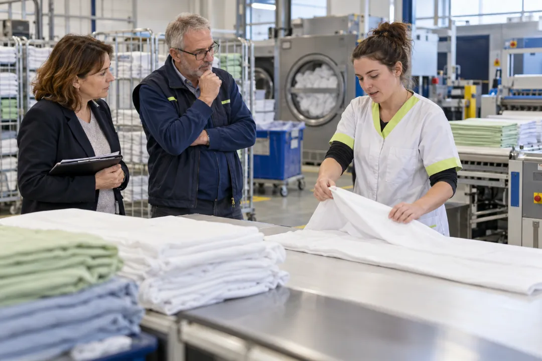 Illustration : dans une blanchisserie, une salariée présente son poste de pliage du linge à son responsable et à une représentante du personnel